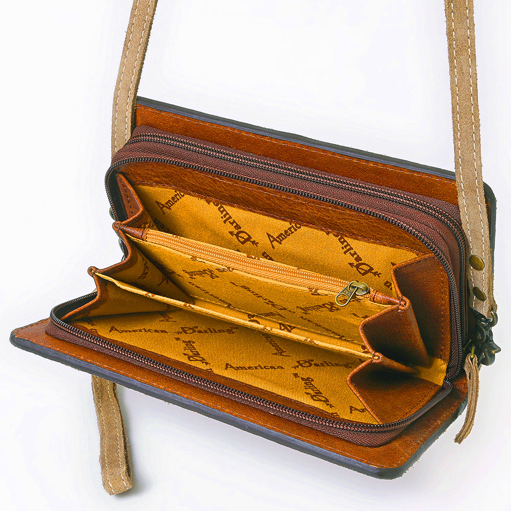 ADBG1717 Suede Leather Wallet Bag with White Western Stitch Embroidery