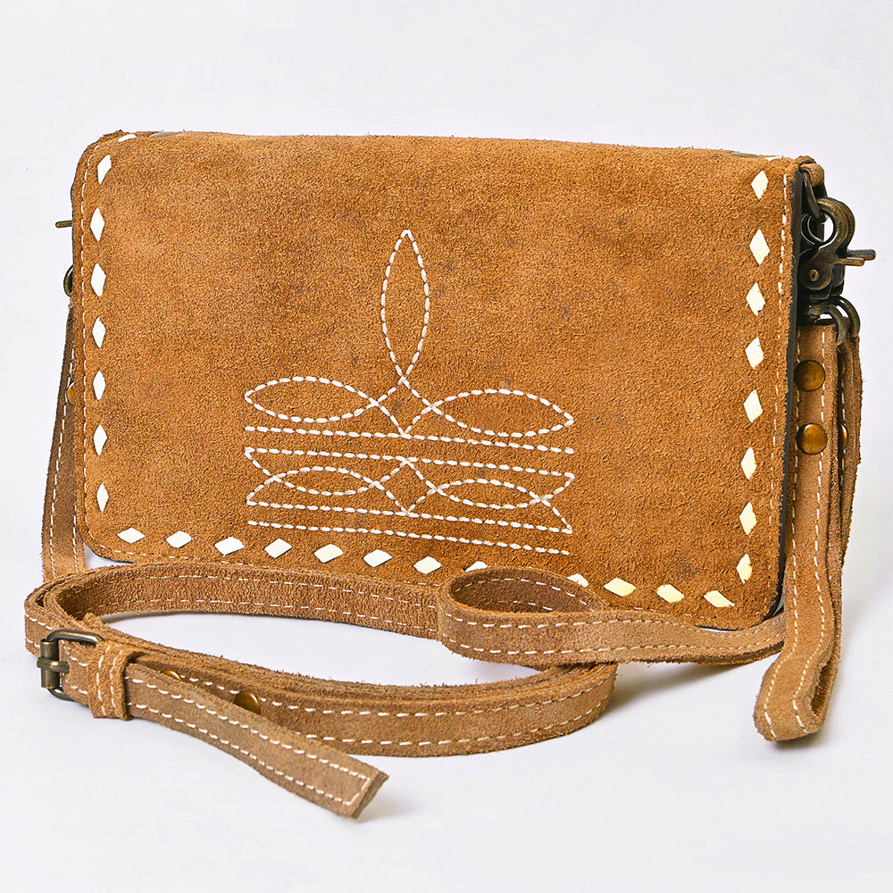 ADBG1717 Suede Leather Wallet Bag with White Western Stitch Embroidery
