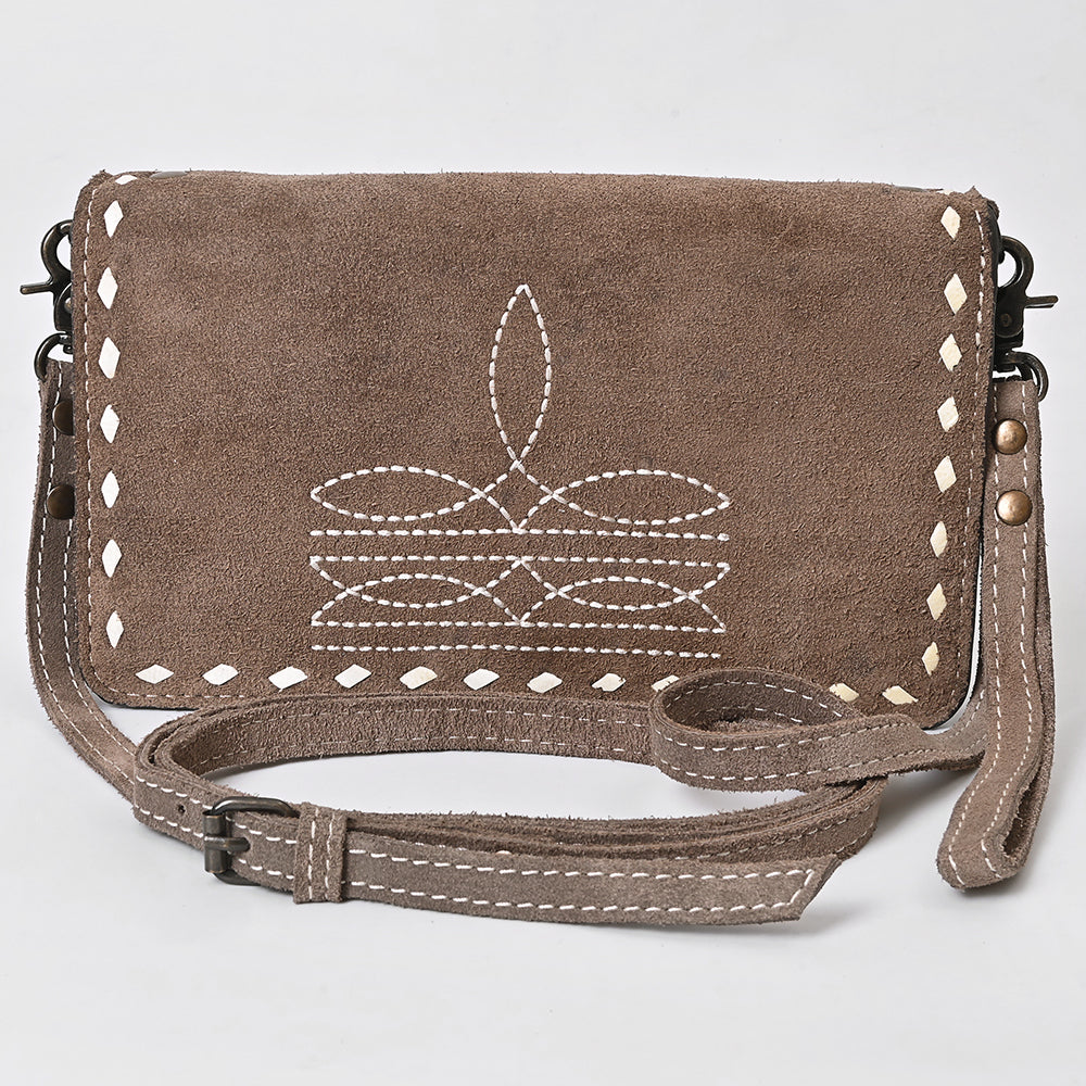 ADBG1717 Suede Leather Wallet Bag with White Western Stitch Embroidery