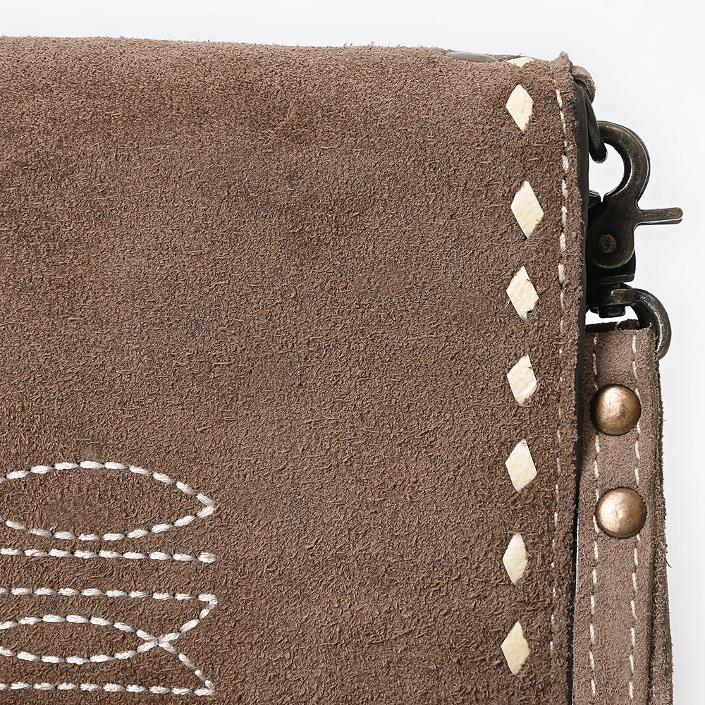 ADBG1717 Suede Leather Wallet Bag with White Western Stitch Embroidery