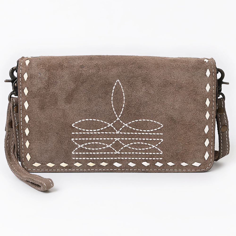 ADBG1717 Suede Leather Wallet Bag with White Western Stitch Embroidery