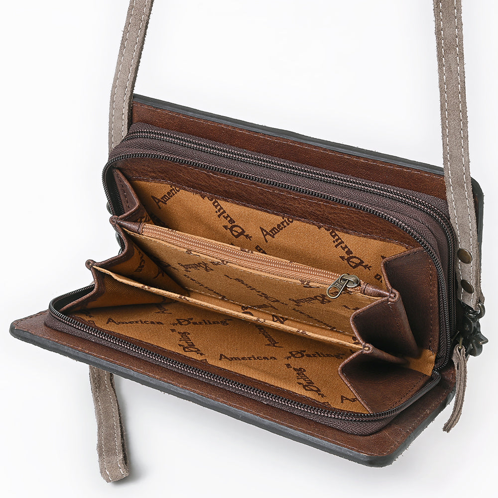 ADBG1717 Suede Leather Wallet Bag with White Western Stitch Embroidery