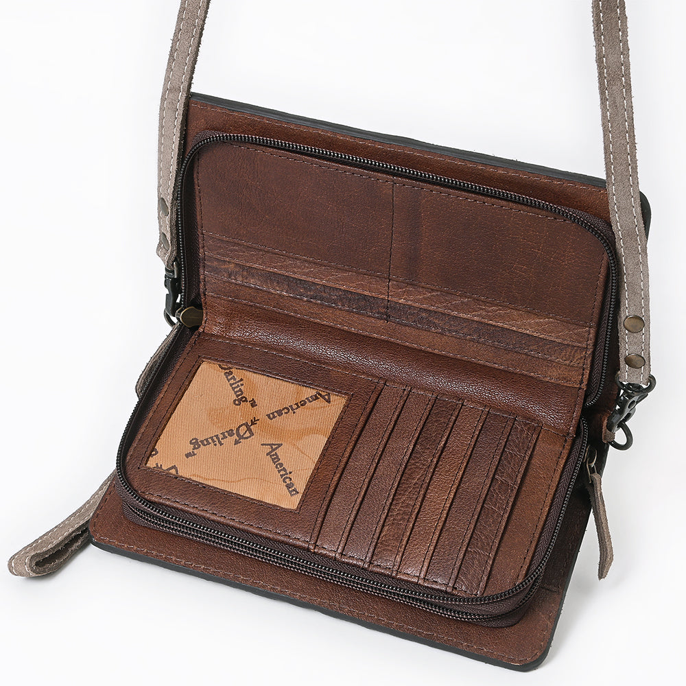 ADBG1717 Suede Leather Wallet Bag with White Western Stitch Embroidery