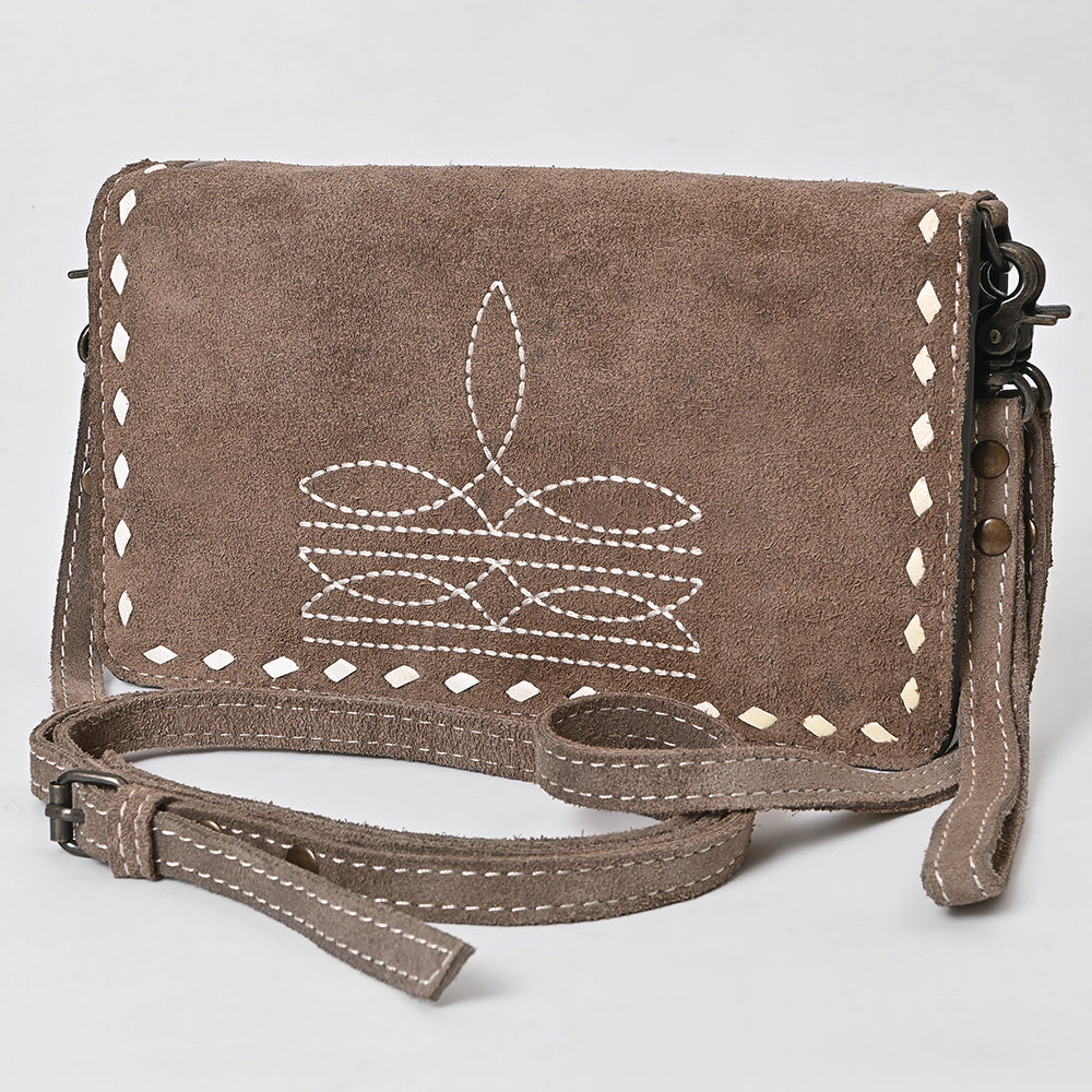 ADBG1717 Suede Leather Wallet Bag with White Western Stitch Embroidery