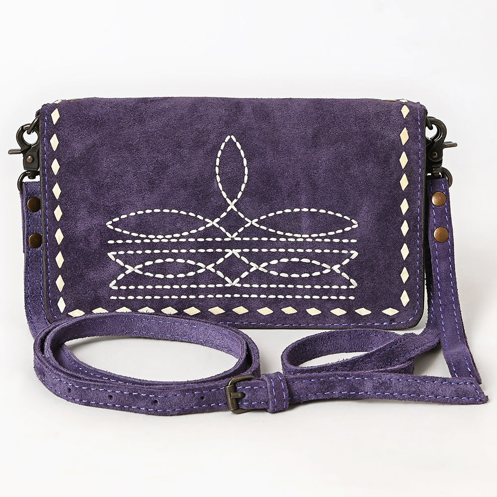 ADBG1717 Suede Leather Wallet Bag with White Western Stitch Embroidery