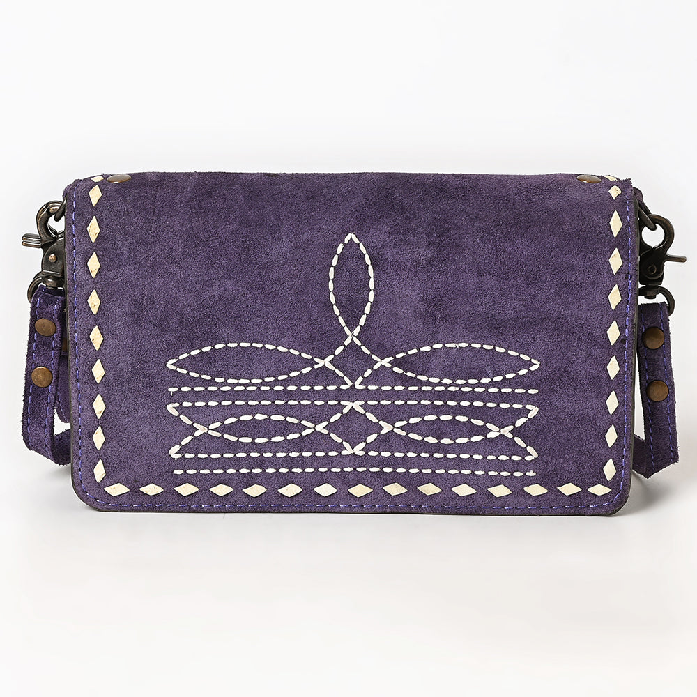 ADBG1717 Suede Leather Wallet Bag with White Western Stitch Embroidery