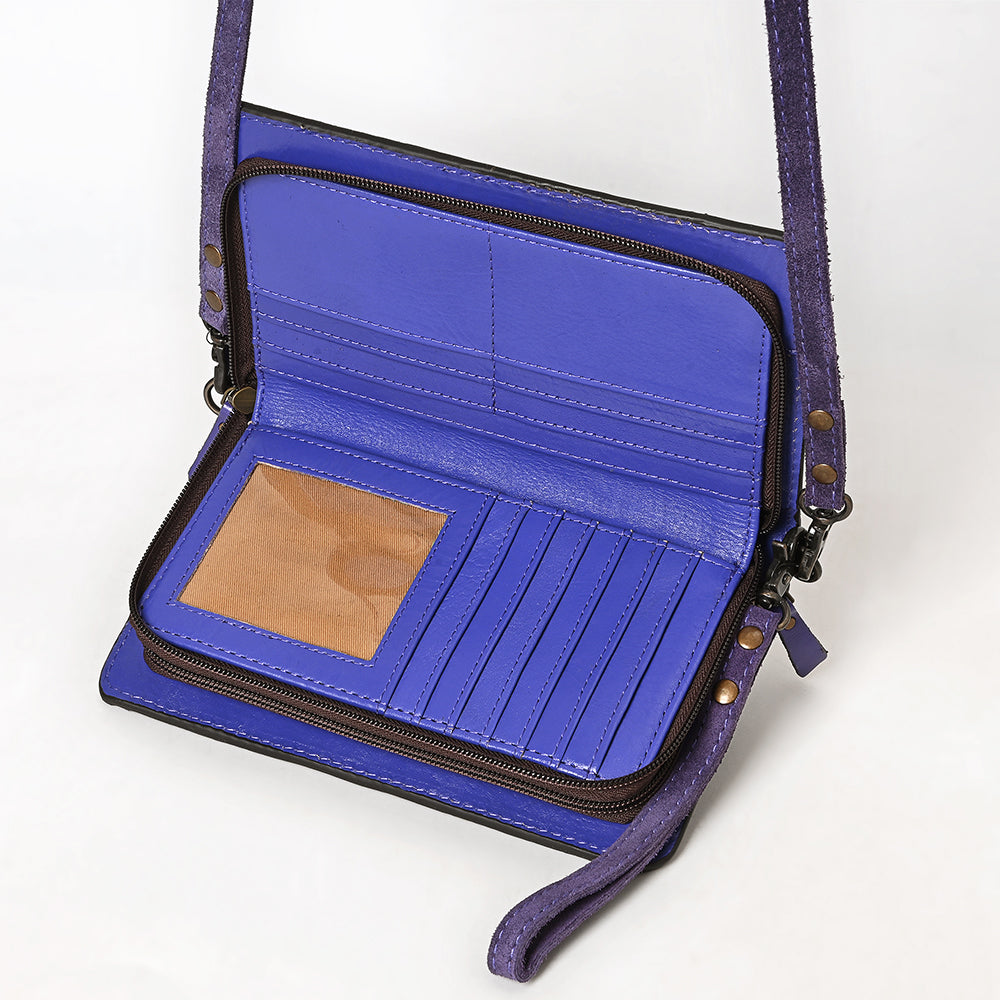ADBG1717 Suede Leather Wallet Bag with White Western Stitch Embroidery