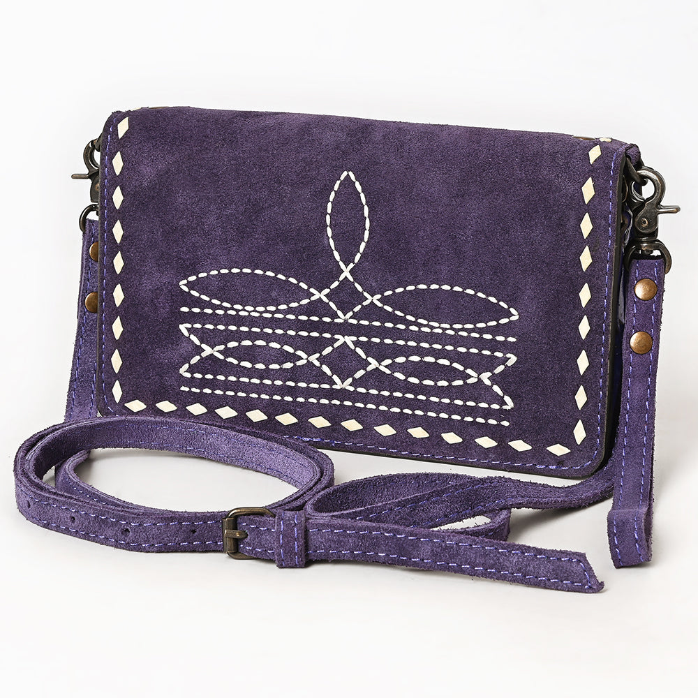 ADBG1717 Suede Leather Wallet Bag with White Western Stitch Embroidery