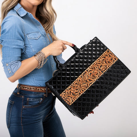 American Darling Quilted Hand Tooled Genuine Leather Tote Bag