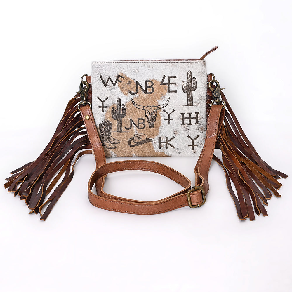 ADBGM616 Crossbody Bag - Western Hair-On Leather Fringe Bag with Ranch Brand & Rodeo Motif
