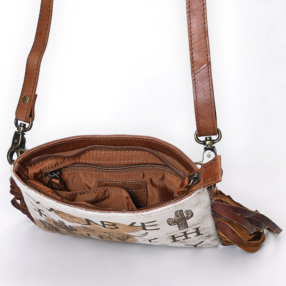 ADBGM616 Crossbody Bag - Western Hair-On Leather Fringe Bag with Ranch Brand & Rodeo Motif