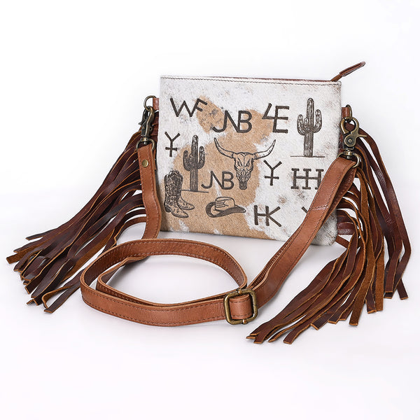 ADBGM616 Crossbody Bag - Western Hair-On Leather Fringe Bag with Ranch Brand & Rodeo Motif