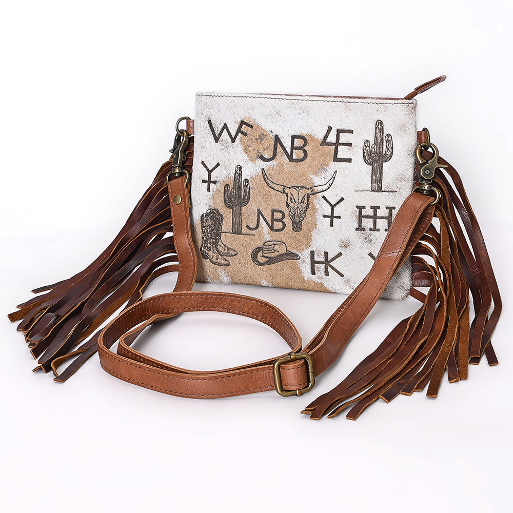 ADBGM616 Crossbody Bag - Western Hair-On Leather Fringe Bag with Ranch Brand & Rodeo Motif