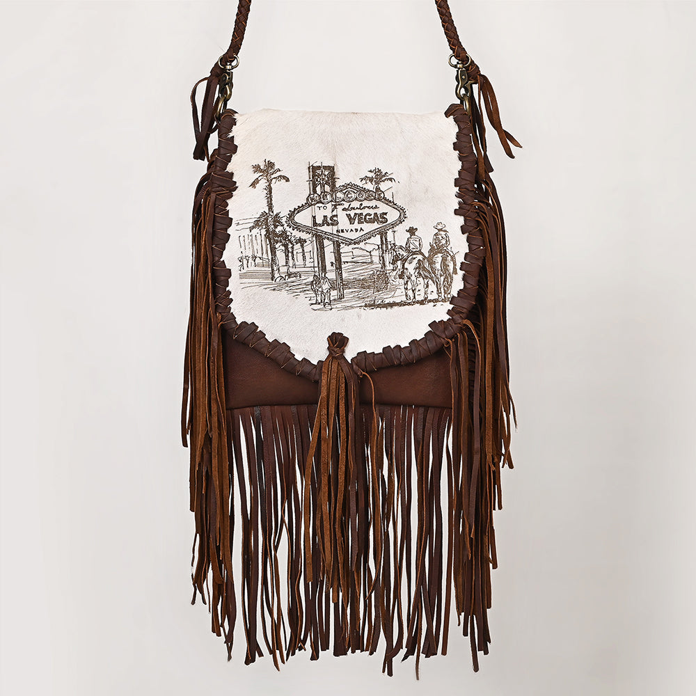 ADBGM619 Western Fringe Messenger Bag - Hair-On Leather with Las Vegas Cowgirl Print & Whipstitch Detail