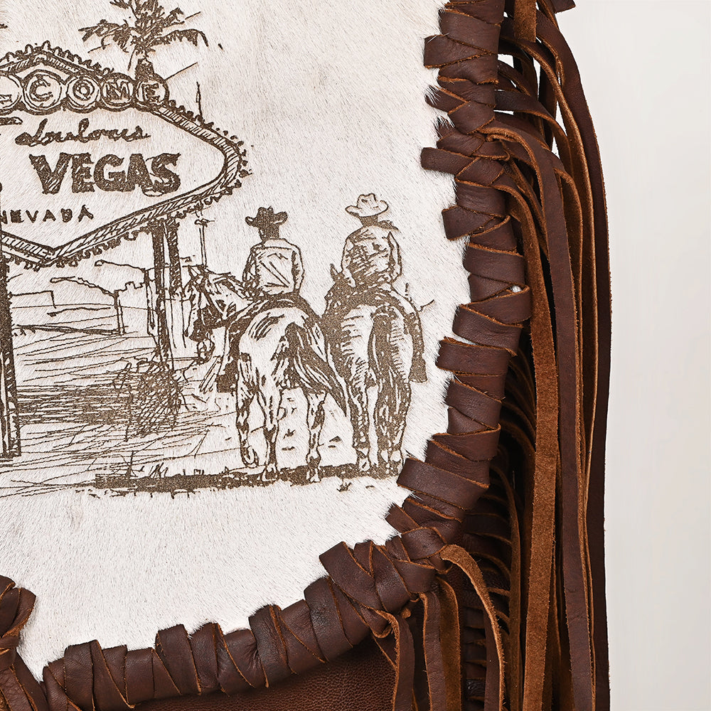 ADBGM619 Western Fringe Messenger Bag - Hair-On Leather with Las Vegas Cowgirl Print & Whipstitch Detail