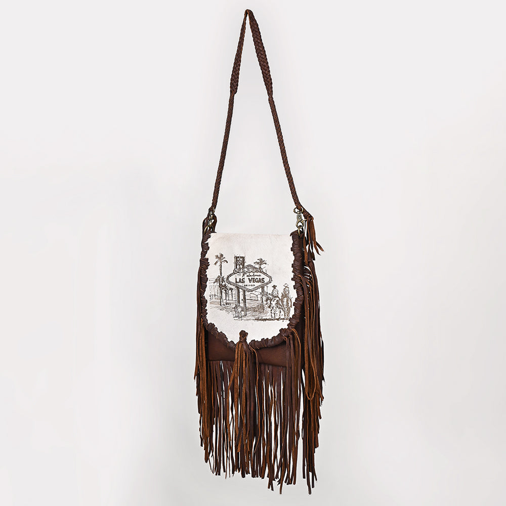 ADBGM619 Western Fringe Messenger Bag - Hair-On Leather with Las Vegas Cowgirl Print & Whipstitch Detail