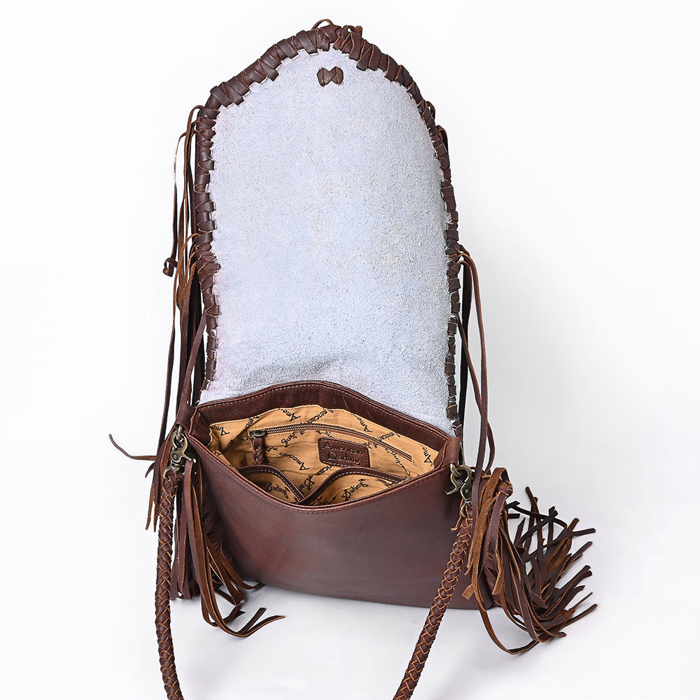 ADBGM619 Western Fringe Messenger Bag - Hair-On Leather with Las Vegas Cowgirl Print & Whipstitch Detail