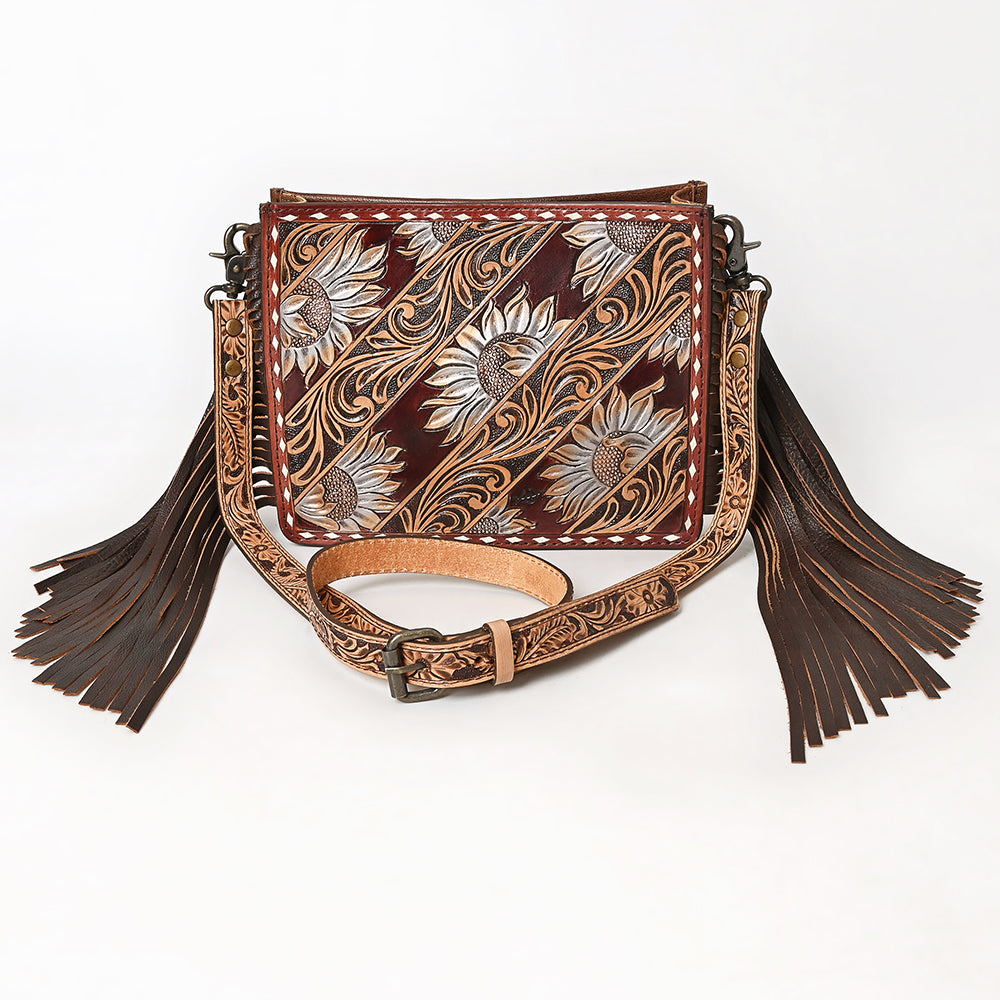 ADBG323 Hand-Tooled Leather Crossbody Bag with Floral Daisies & Fringe Strap | American Darling
