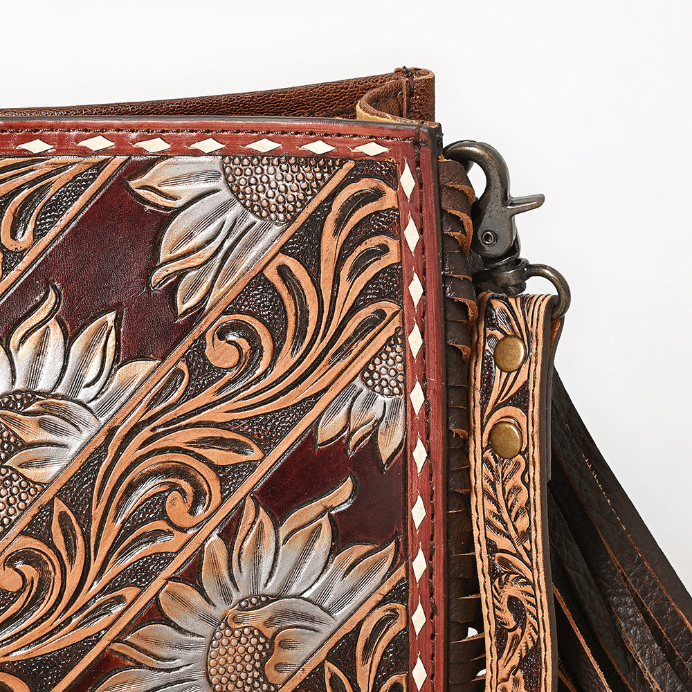 ADBG323 Hand-Tooled Leather Crossbody Bag with Floral Daisies & Fringe Strap | American Darling