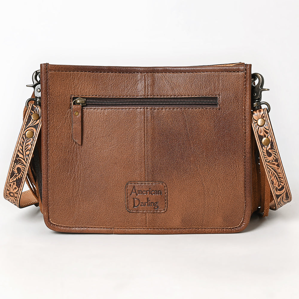 ADBG323 Hand-Tooled Leather Crossbody Bag with Floral Daisies & Fringe Strap | American Darling