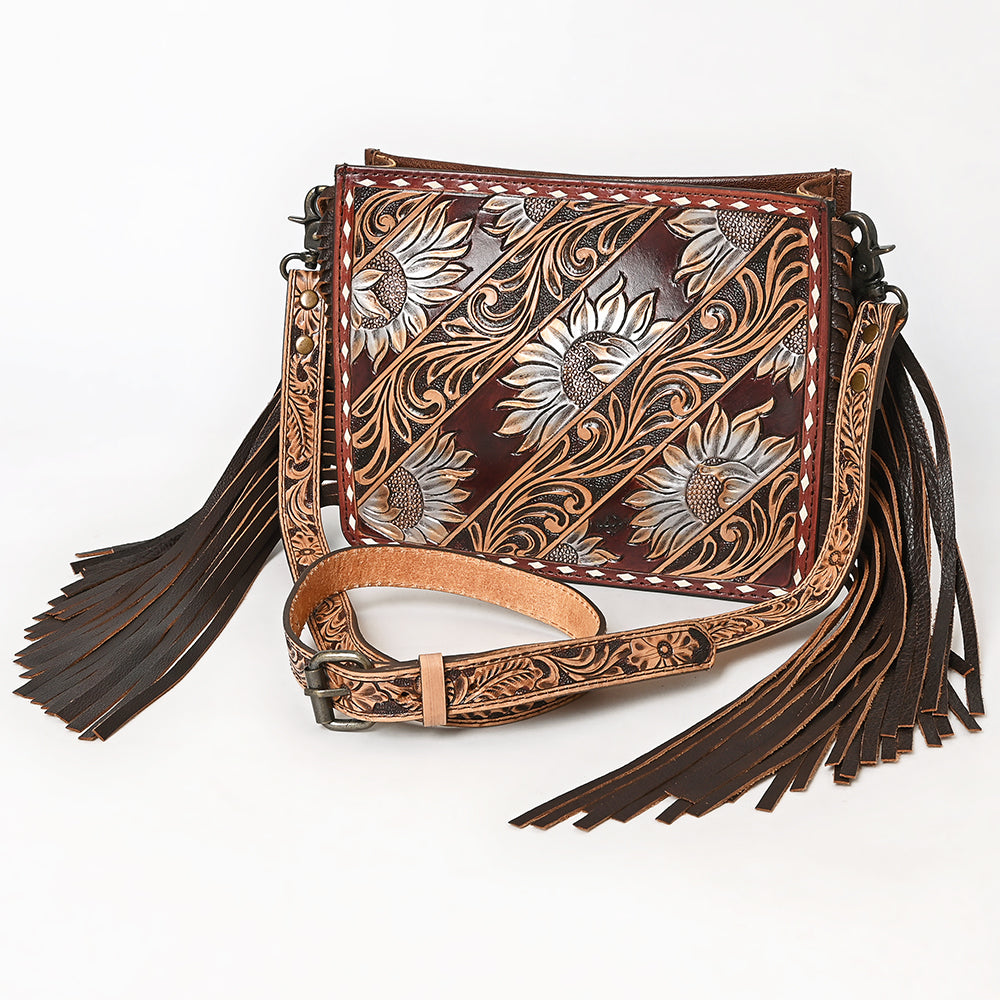 ADBG323 Hand-Tooled Leather Crossbody Bag with Floral Daisies & Fringe Strap | American Darling