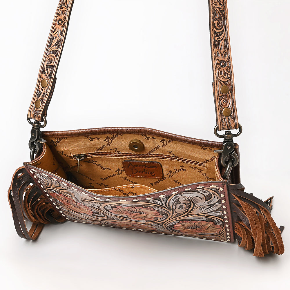 ADBG323 Hand-Tooled Leather Crossbody Bag with Floral Daisies & Fringe Strap | American Darling