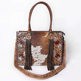ADBG1718 Tooled Leather & Cowhide Western Tote Bag with Fringe and Floral Embroidery
