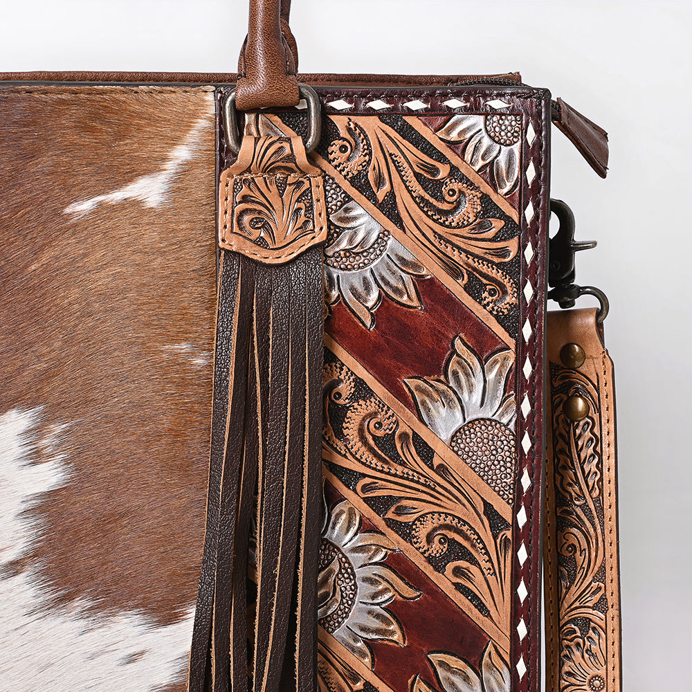 ADBG1718 Tooled Leather & Cowhide Western Tote Bag with Fringe and Floral Embroidery