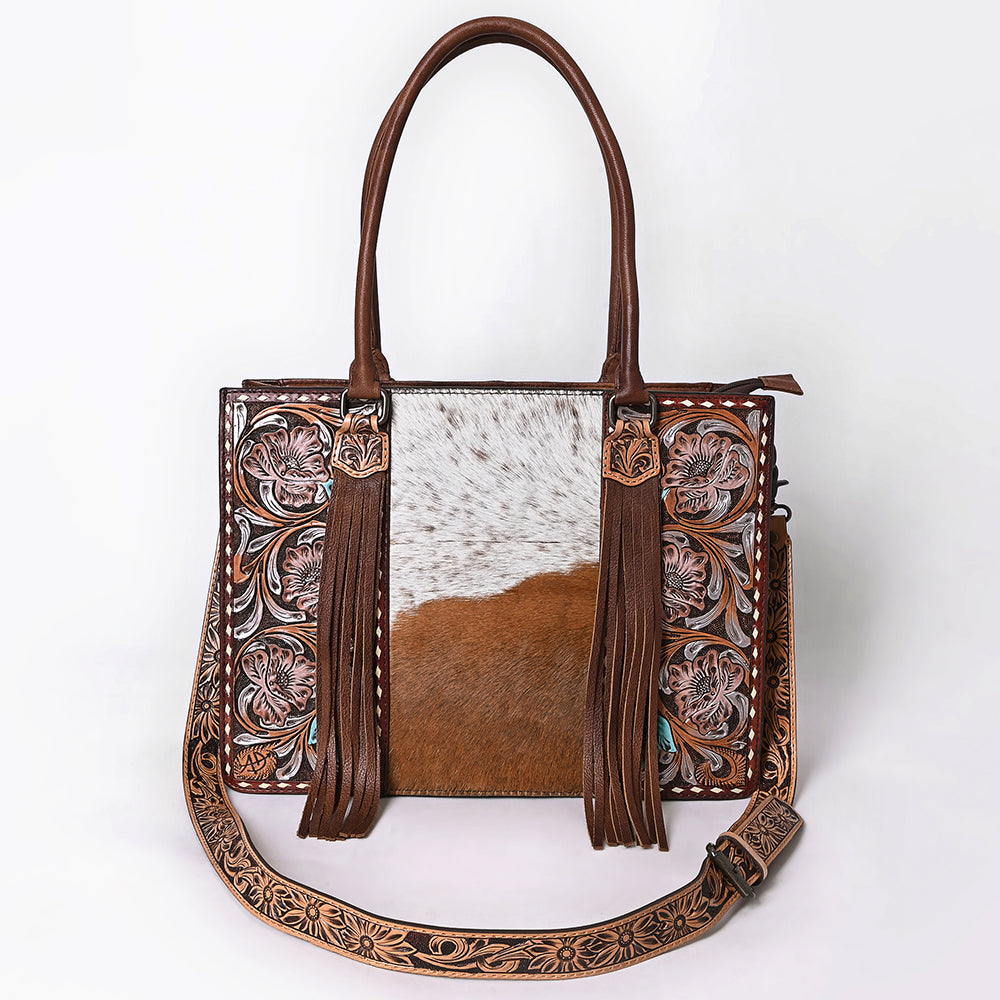 ADBG1718 Tooled Leather & Cowhide Western Tote Bag with Fringe and Floral Embroidery