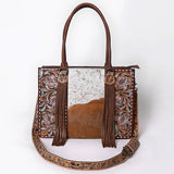 ADBG1718 Tooled Leather & Cowhide Western Tote Bag with Fringe and Floral Embroidery