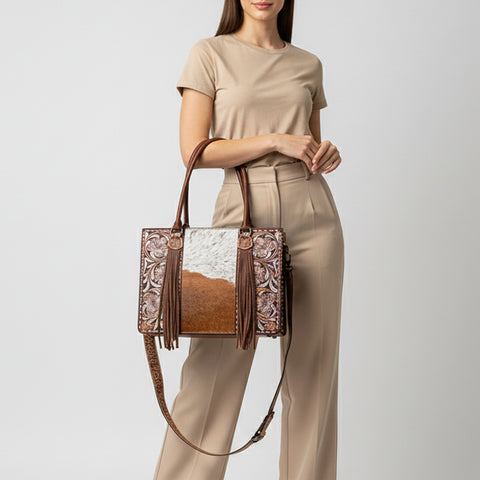 American Darling Hair-On Cowhide Fringe Tote Bag | Hand-Tooled Western Shoulder Bag