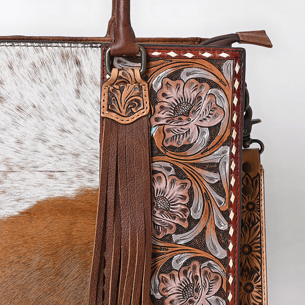ADBG1718 Tooled Leather & Cowhide Western Tote Bag with Fringe and Floral Design