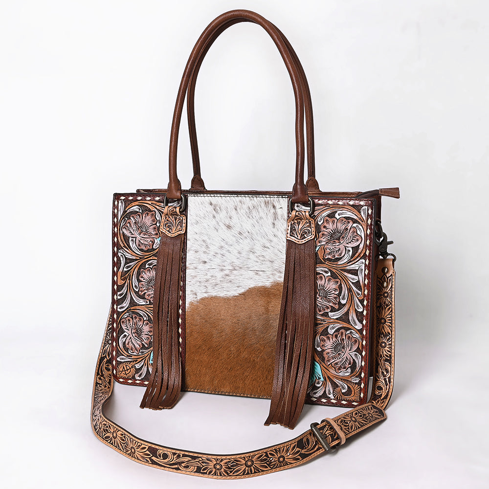 ADBG1718 Tooled Leather & Cowhide Western Tote Bag with Fringe and Floral Embroidery