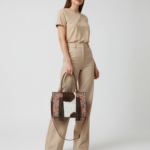 American Darling Hair-On Cowhide Fringe Tote Bag | Hand-Tooled Western Shoulder Bag
