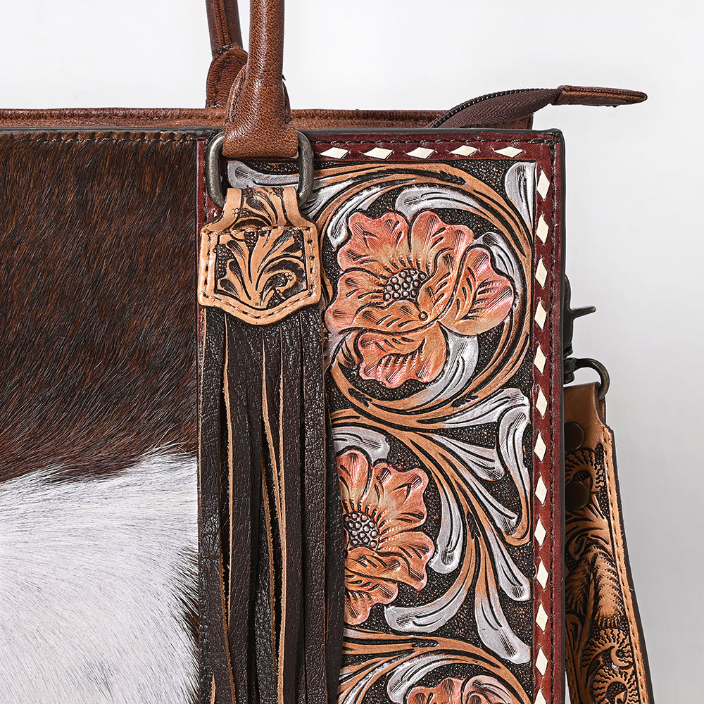 ADBG1718 Tooled Leather & Cowhide Western Tote Bag with Fringe and Floral Embroidery