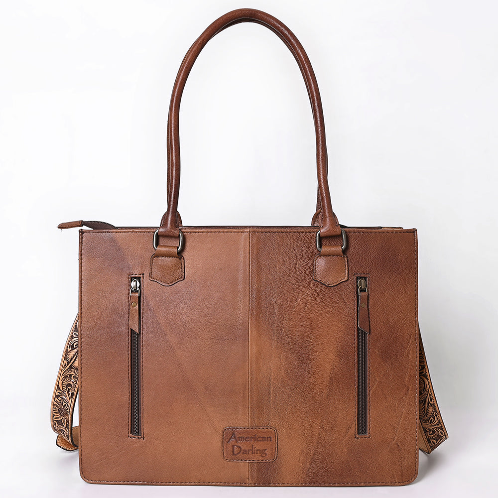 ADBG1718 Tooled Leather & Cowhide Western Tote Bag with Fringe and Floral Embroidery