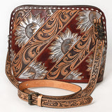 Tooled leather crossbody bag with silver sunflower carvings and matching tooled shoulder strap

