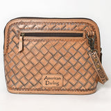Tooled leather crossbody bag with silver sunflower carvings and matching tooled shoulder strap

