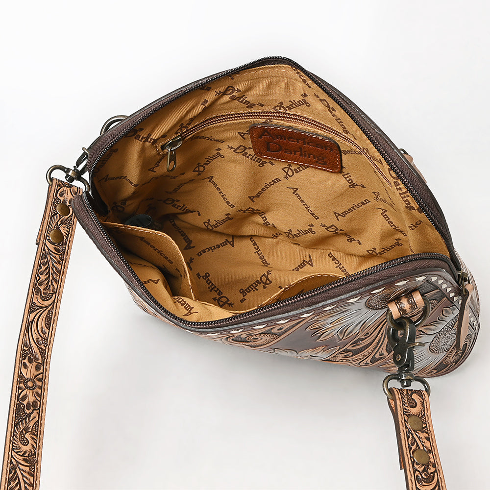 ADBG1719 Tooled Leather Crossbody Bag with Floral Carving & Silver Scrollwork