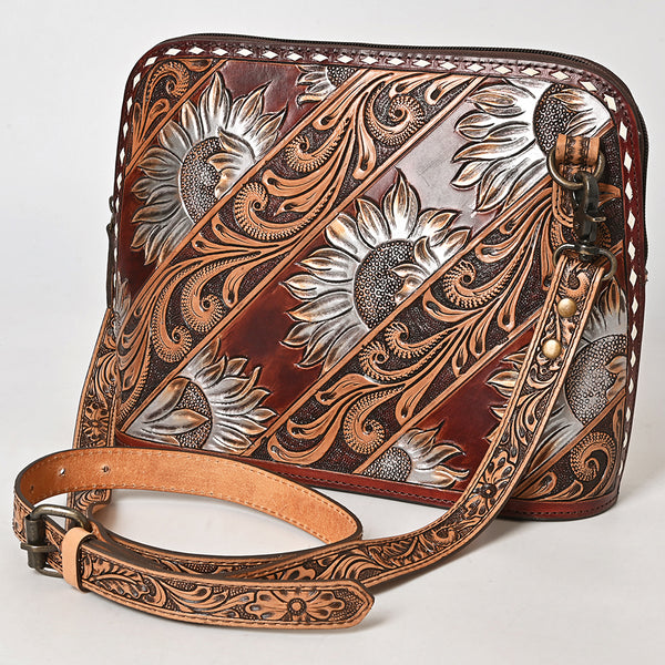ADBG1719 Tooled Leather Crossbody Bag with Floral Carving & Silver Scrollwork