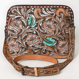 Hand-tooled leather crossbody bag with floral carving, turquoise accents, and tooled strap

