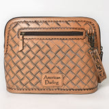 Hand-tooled leather crossbody bag with floral carving, turquoise accents, and tooled strap

