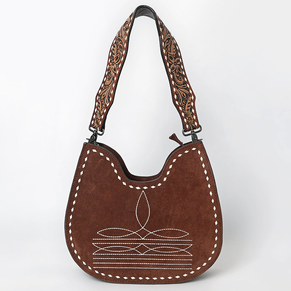 ADBG1720 Suede Hobo Bag with Hand Tooled Leather Strap & White Stitch Detailing
