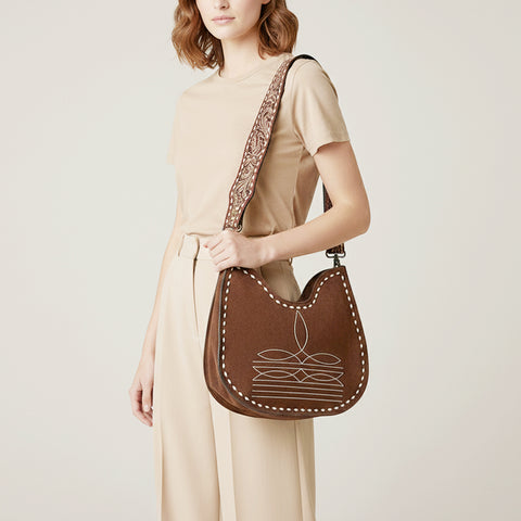 American Darling Genuine Suede Hobo Bag | Boot Stitched Tooled Leather Strap