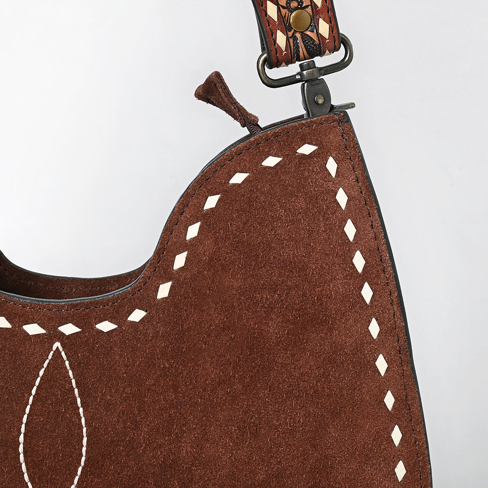 ADBG1720 Suede Hobo Bag with Hand Tooled Leather Strap & White Stitch Detailing
