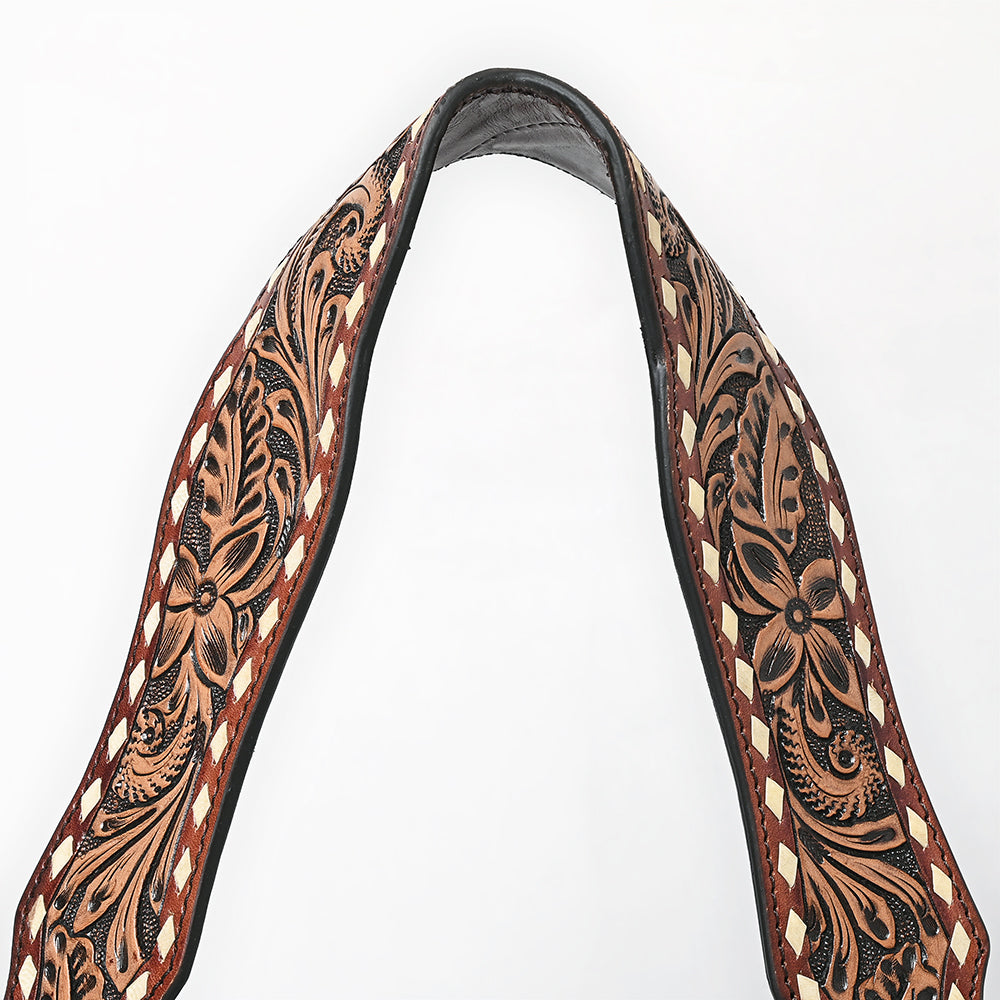 ADBG1720 Suede Hobo Bag with Hand Tooled Leather Strap & White Stitch Detailing