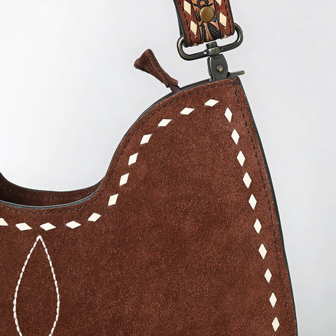 American Darling Genuine Suede Hobo Bag | Boot Stitched Tooled Leather Strap