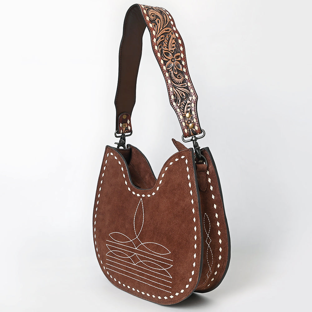 ADBG1720 Suede Hobo Bag with Hand Tooled Leather Strap & White Stitch Detailing