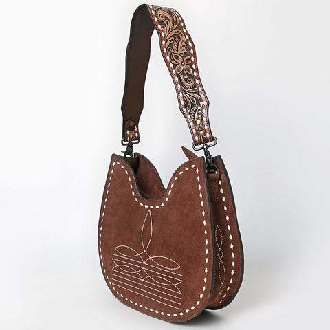 American Darling Genuine Suede Hobo Bag | Boot Stitched Tooled Leather Strap