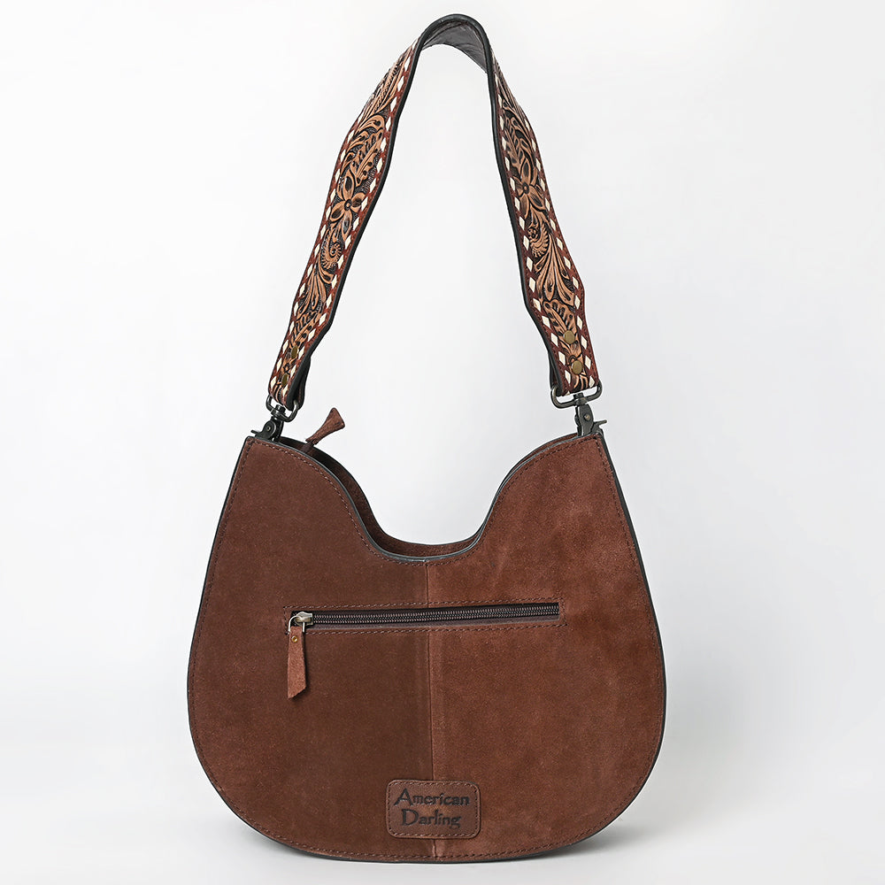 ADBG1720 Suede Hobo Bag with Hand Tooled Leather Strap & White Stitch Detailing